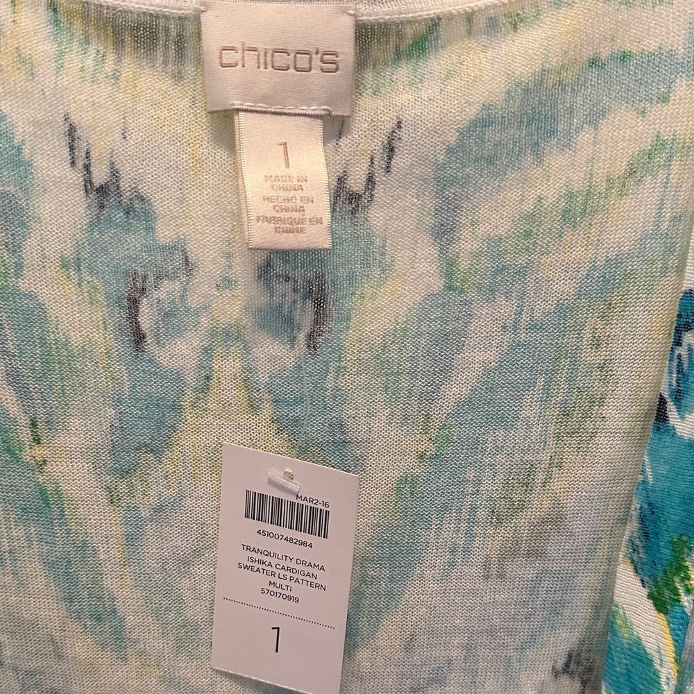 Chico's Vibrant Blue and Green Open-Front Cardigan Ramie Rayon Blend Size M - Picture 2 of 6